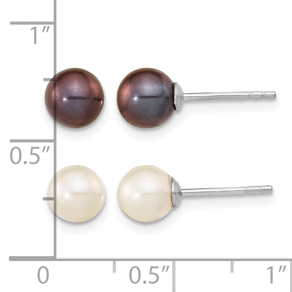 Sterling Silver Rhodium-plated 6-7mm Black and White Round Freshwater Cultured Pearl Set of 2 Post Earrings