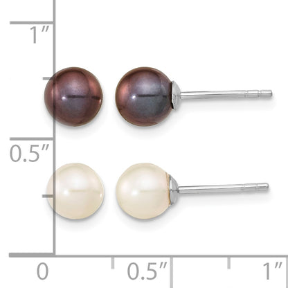 Sterling Silver Rhodium-plated 6-7mm Black and White Round Freshwater Cultured Pearl Set of 2 Post Earrings