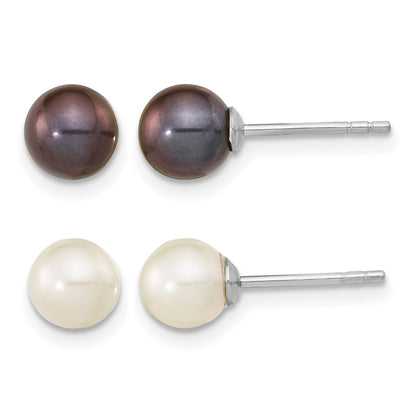 Sterling Silver Rhodium-plated 6-7mm Black and White Round Freshwater Cultured Pearl Set of 2 Post Earrings