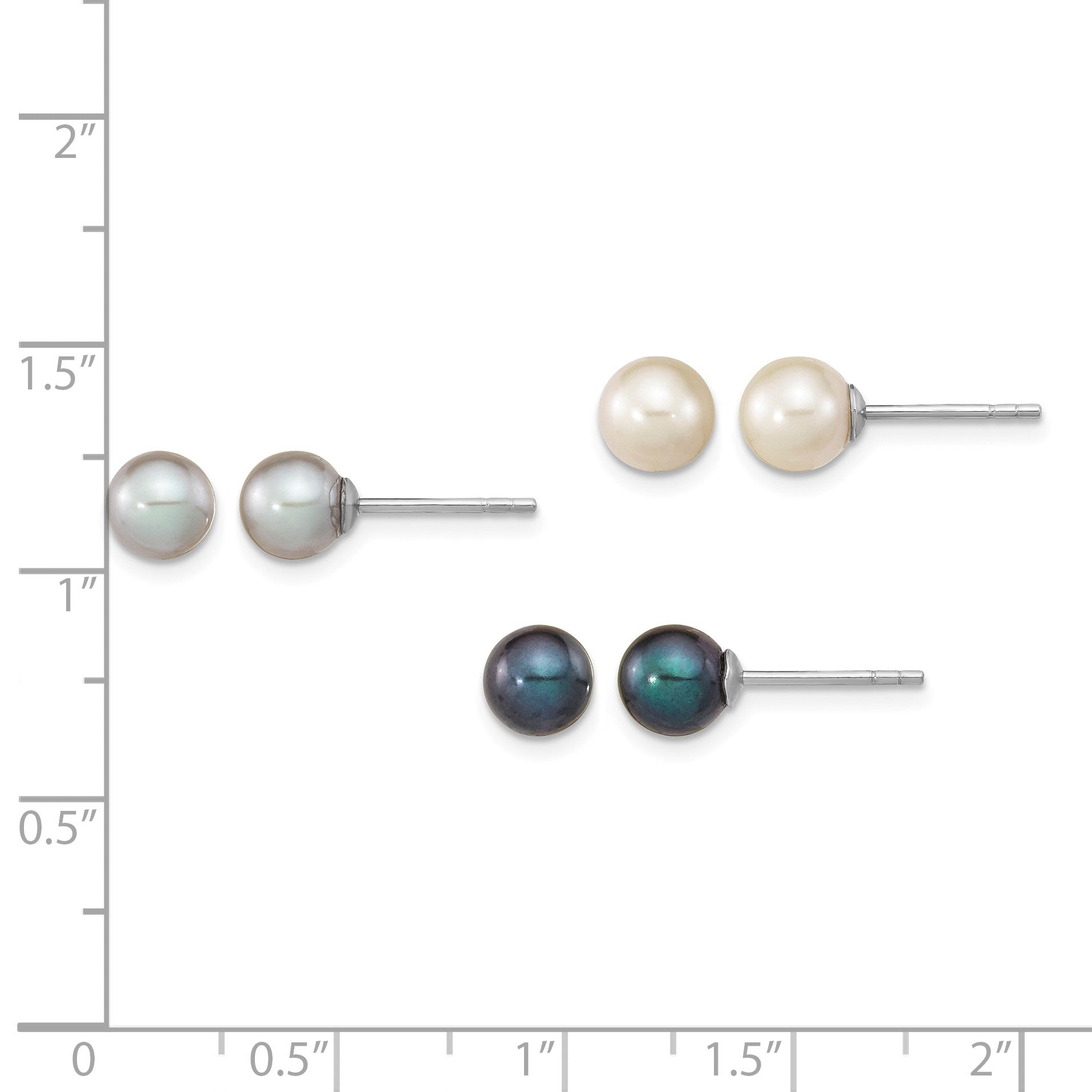 Sterling Silver Rhodium-plated 6-7mm Black, White and Grey Round Freshwater Cultured Pearl Set of 3 Post Earrings