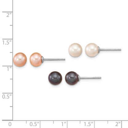 Sterling Silver Rhodium-plated 6-7mm Black, White and Pink Round Freshwater Cultured Pearl Set of 3 Post Earrings