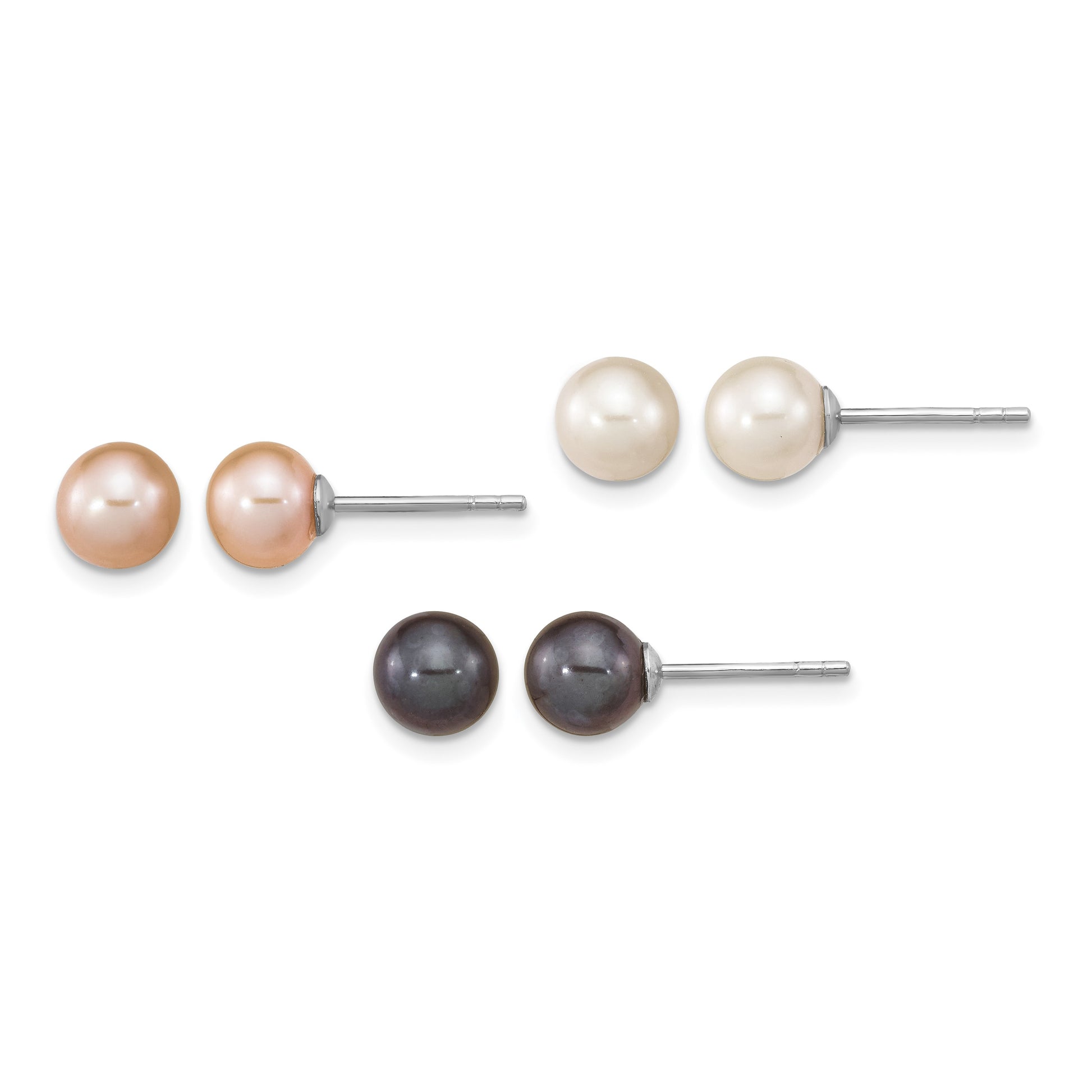 Sterling Silver Rhodium-plated 6-7mm Black, White and Pink Round Freshwater Cultured Pearl Set of 3 Post Earrings