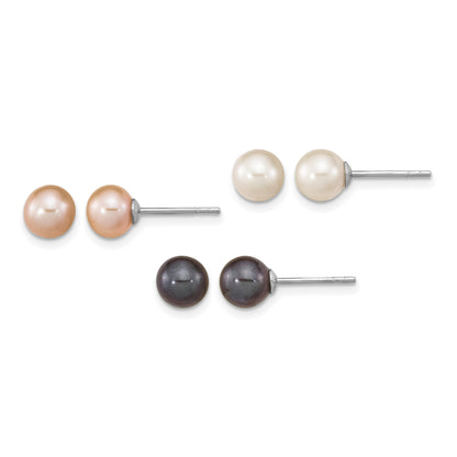 Sterling Silver Rhodium-plated 6-7mm Black, White and Pink Round Freshwater Cultured Pearl Set of 3 Post Earrings