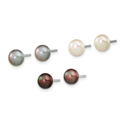 Sterling Silver Rhodium-plated 6-7mm Black, white and Grey Button Freshwater Cultured Pearl Set of 3 Post Earrings