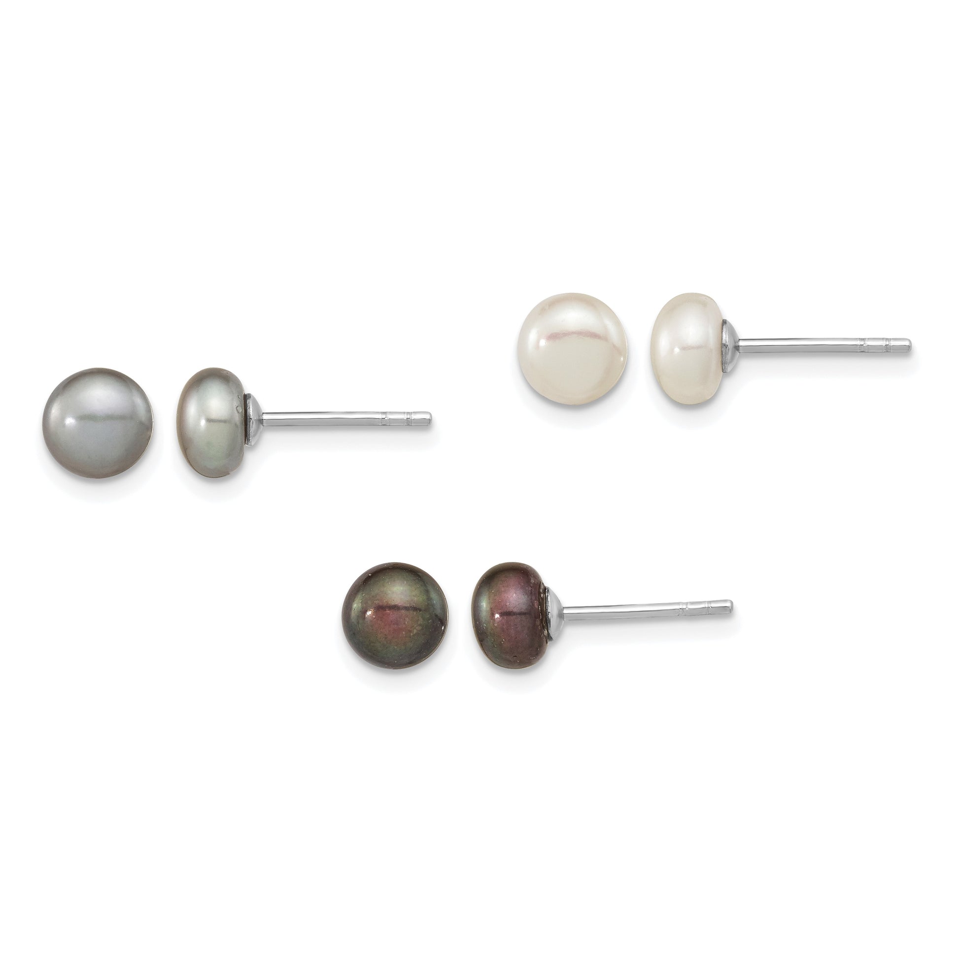 Sterling Silver Rhodium-plated 6-7mm Black, white and Grey Button Freshwater Cultured Pearl Set of 3 Post Earrings