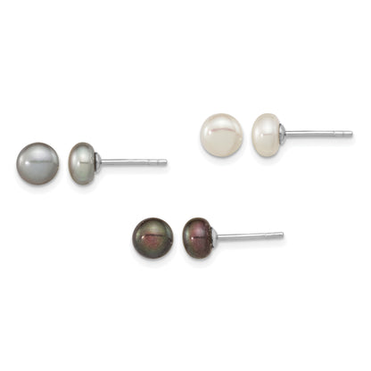 Sterling Silver Rhodium-plated 6-7mm Black, white and Grey Button Freshwater Cultured Pearl Set of 3 Post Earrings