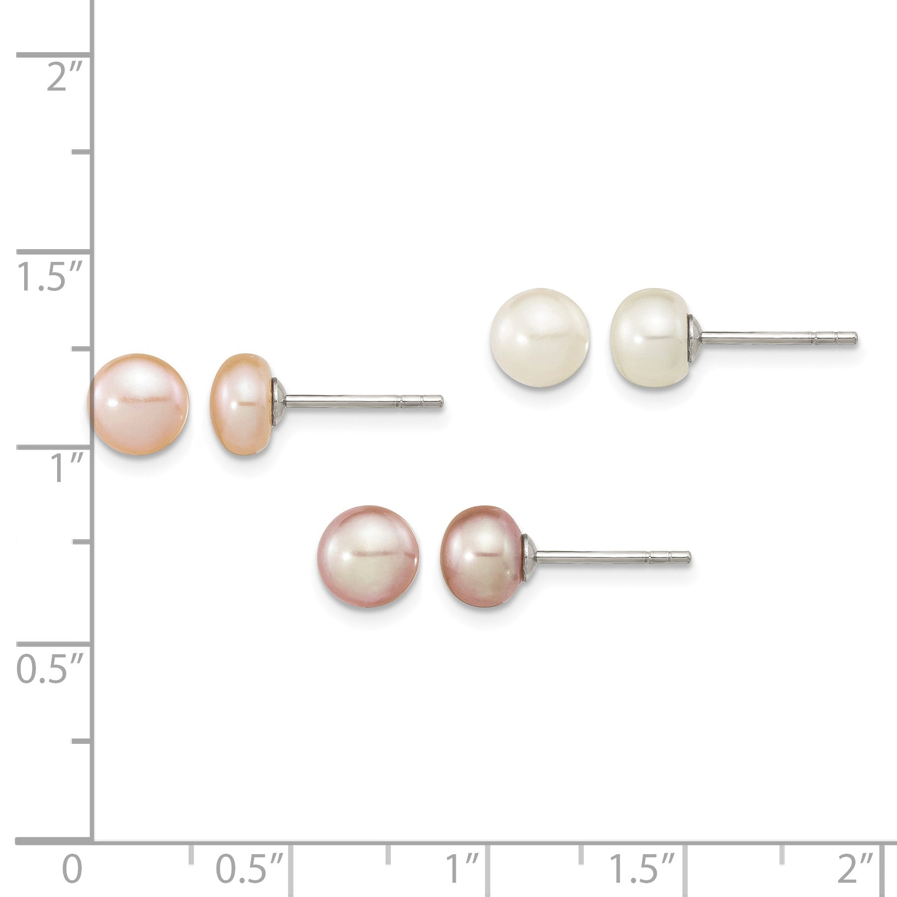 Sterling Silver Rhodium-plated 6-7mm White, Pink and Purple Button Freshwater Cultured Pearl Set of 3 Post Earrings