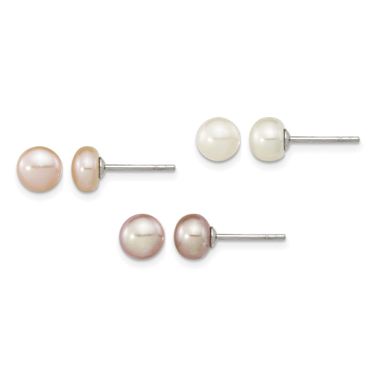 Sterling Silver Rhodium-plated 6-7mm White, Pink and Purple Button Freshwater Cultured Pearl Set of 3 Post Earrings
