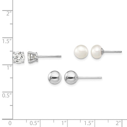 Sterling Silver Rhodium-plated 6-7mm White Button Freshwater Cultured Pearl, CZ and Stud Earrings Set
