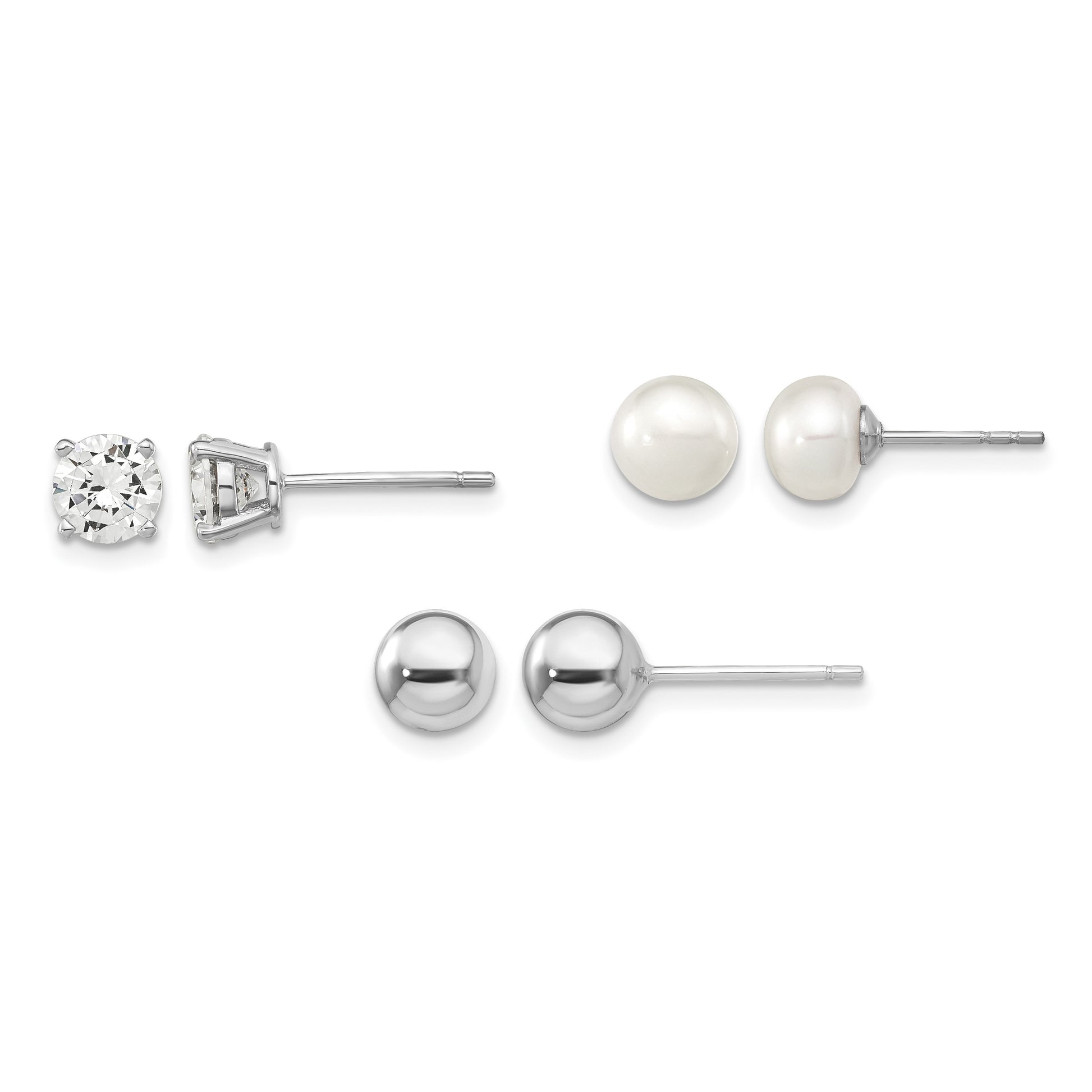 Sterling Silver Rhodium-plated 6-7mm White Button Freshwater Cultured Pearl, CZ and Stud Earrings Set
