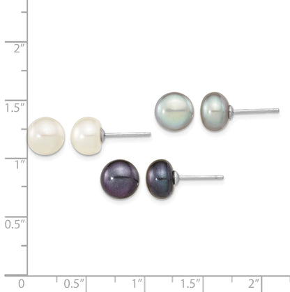 Sterling Silver Rhodium-plated 8-9mm Black, White and Grey Button Freshwater Cultured Pearl Set of 3 Post Earrings