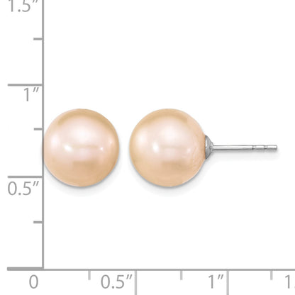 Sterling Silver Rhodium-plated 10-11mm Pink Round Freshwater Cultured Pearl Post Earrings