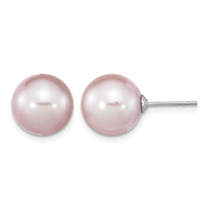 Sterling Silver Rhodium-plated 10-11mm Purple Round Freshwater Cultured Pearl Post Earrings