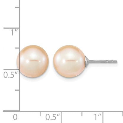 Sterling Silver Rhodium-plated 9-10mm Pink Round Freshwater Cultured Pearl Post Earrings