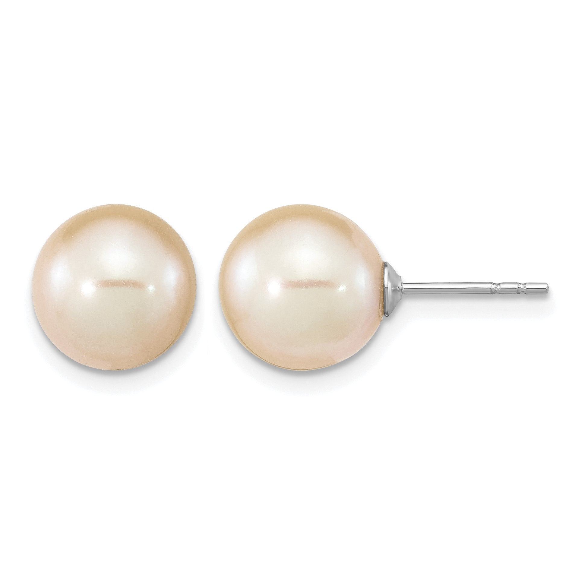 Sterling Silver Rhodium-plated 9-10mm Pink Round Freshwater Cultured Pearl Post Earrings