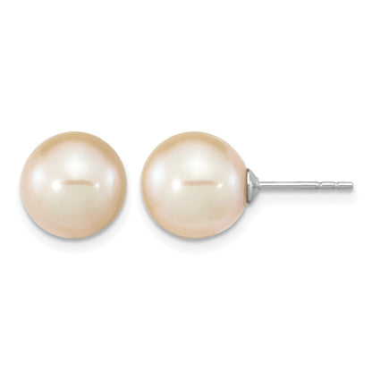 Sterling Silver Rhodium-plated 9-10mm Pink Round Freshwater Cultured Pearl Post Earrings