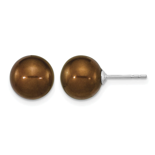 Sterling Silver Rhodium-plated 9-10mm Brown Round Freshwater Cultured Pearl Post Earrings