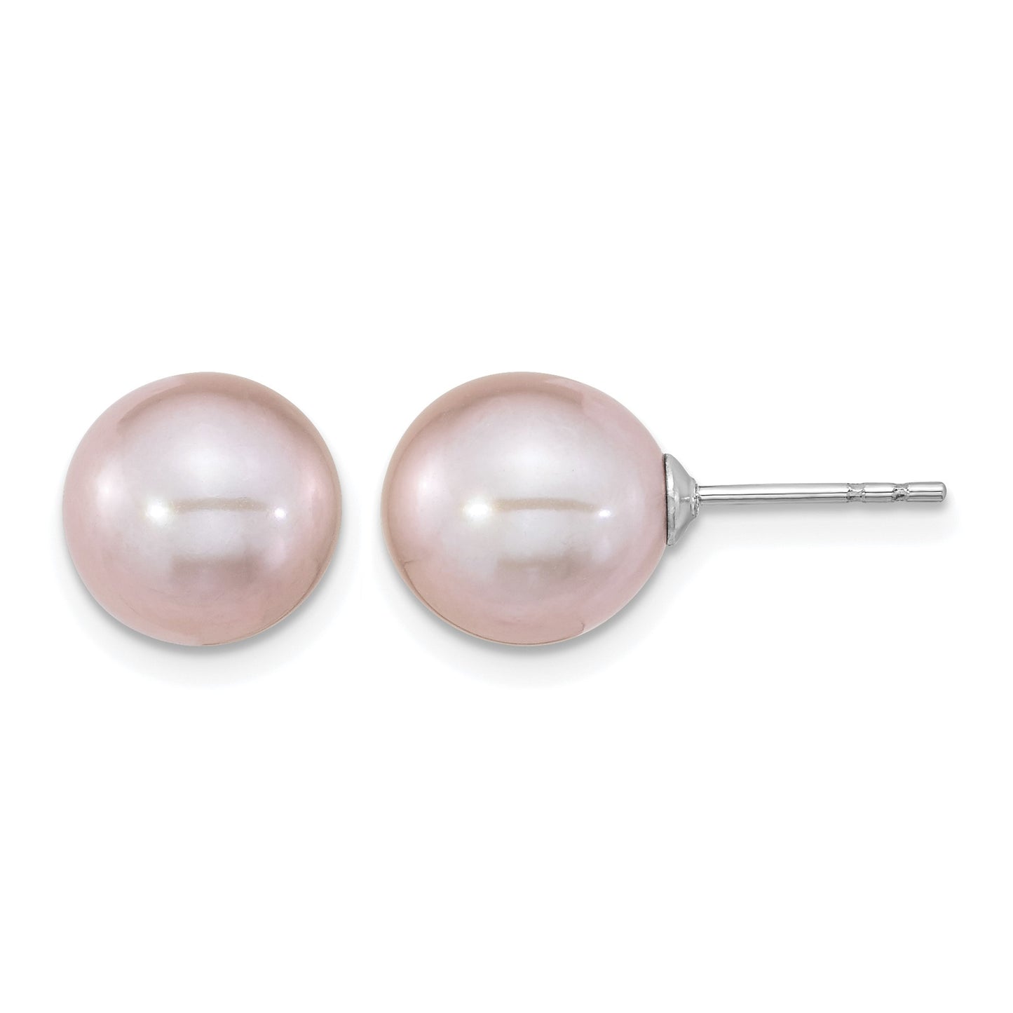 Sterling Silver Rhodium-plated 9-10mm Purple Round Freshwater Cultured Pearl Post Earring