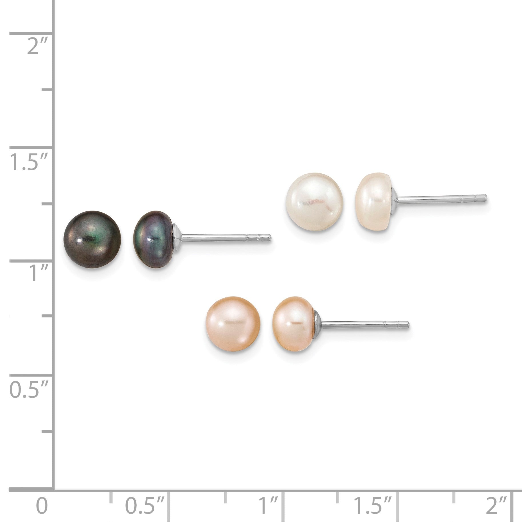 Sterling Silver Rhodium-plated 6-7mm White, Black and Pink Button Freshwater Cultured Pearl Set of 3 Post Earrings