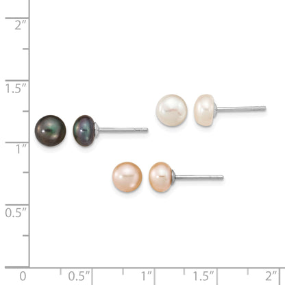 Sterling Silver Rhodium-plated 6-7mm White, Black and Pink Button Freshwater Cultured Pearl Set of 3 Post Earrings