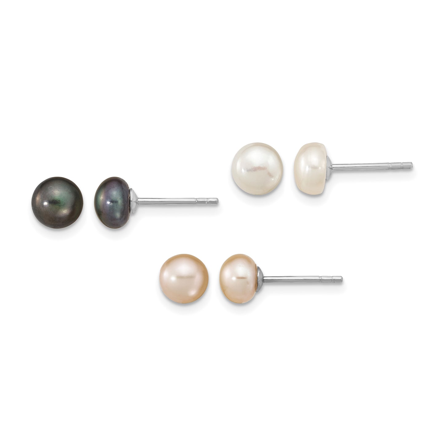 Sterling Silver Rhodium-plated 6-7mm White, Black and Pink Button Freshwater Cultured Pearl Set of 3 Post Earrings