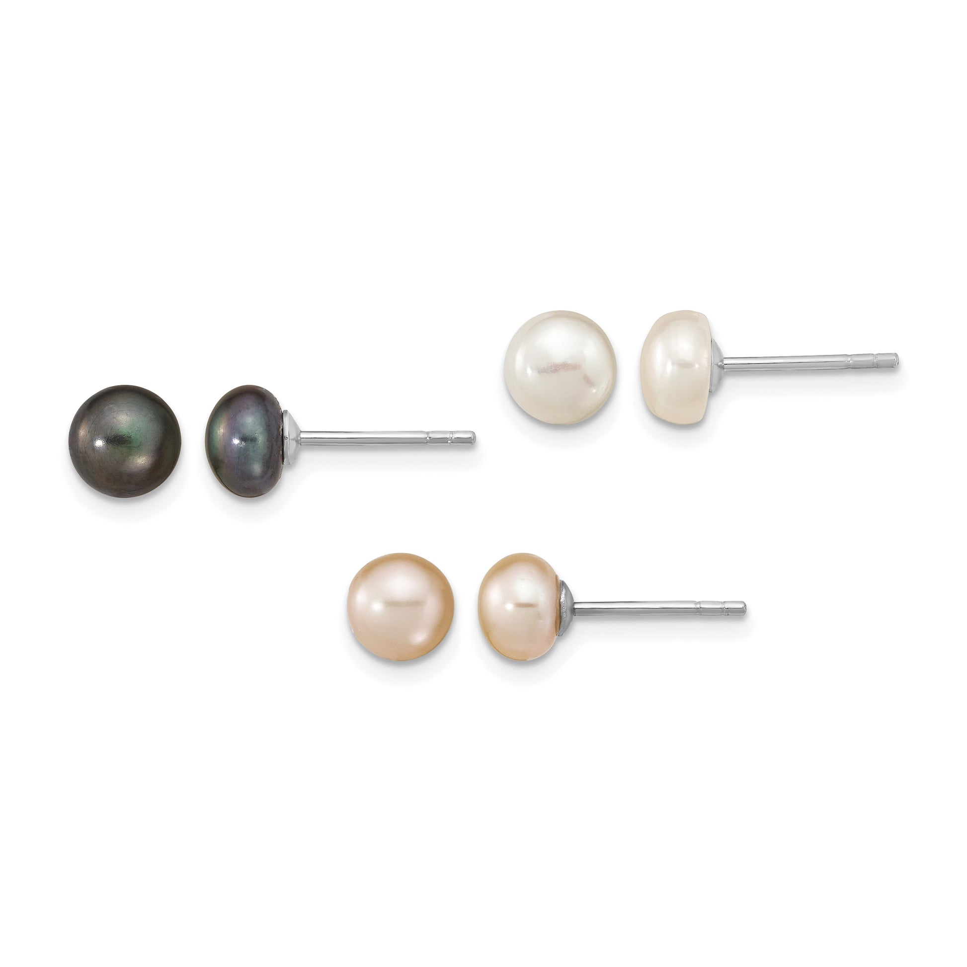 Sterling Silver Rhodium-plated 6-7mm White, Black and Pink Button Freshwater Cultured Pearl Set of 3 Post Earrings