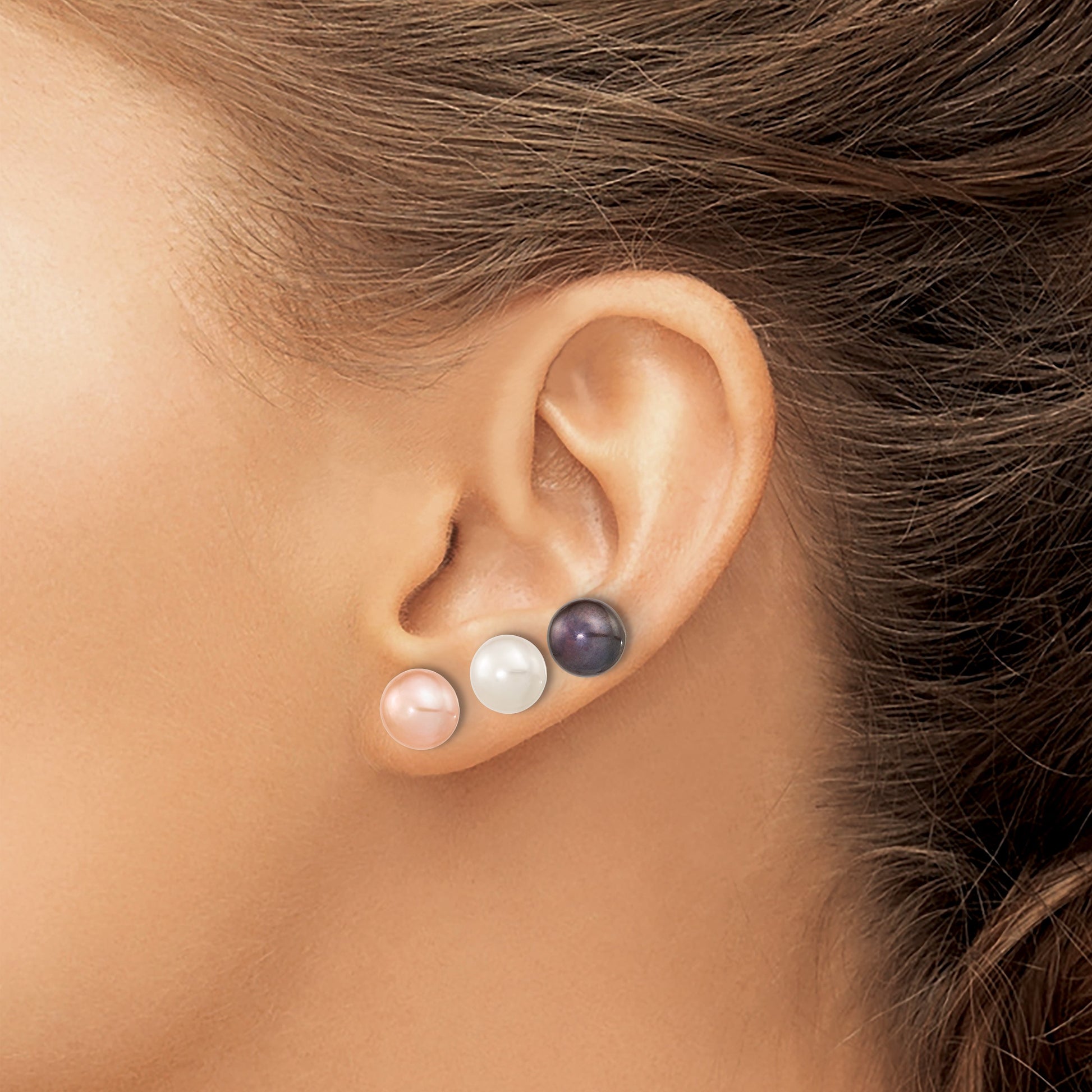 Sterling Silver Rhodium-plated 8-9mm White, Black and Pink Button Freshwater Cultured Pearl Set of 3 Post Earrings