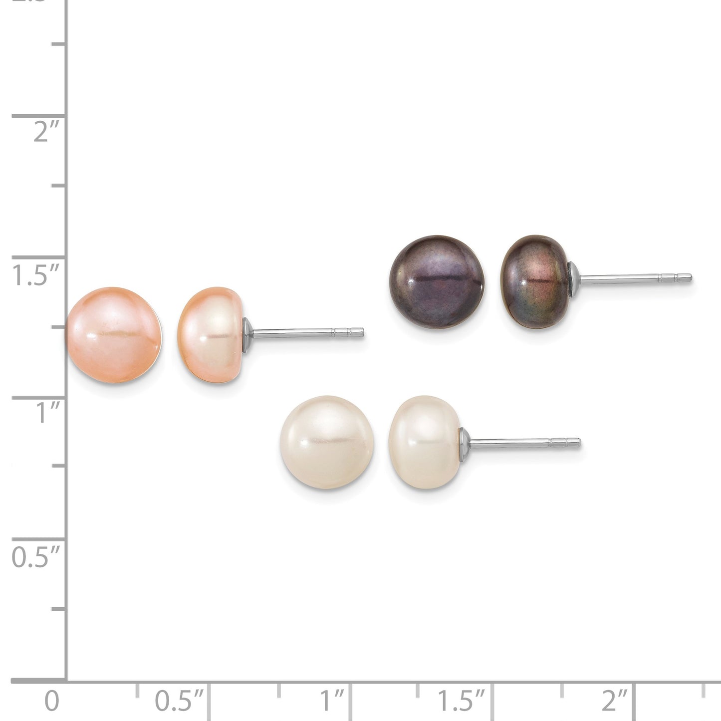Sterling Silver Rhodium-plated 8-9mm White, Black and Pink Button Freshwater Cultured Pearl Set of 3 Post Earrings