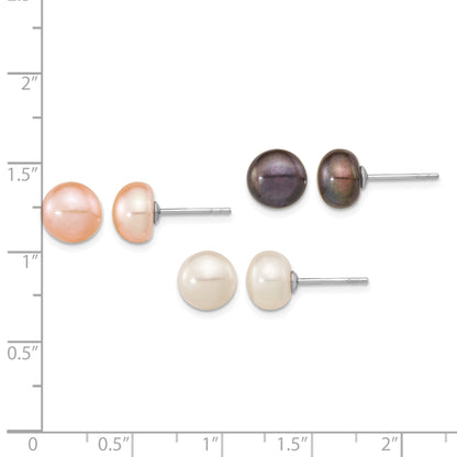 Sterling Silver Rhodium-plated 8-9mm White, Black and Pink Button Freshwater Cultured Pearl Set of 3 Post Earrings