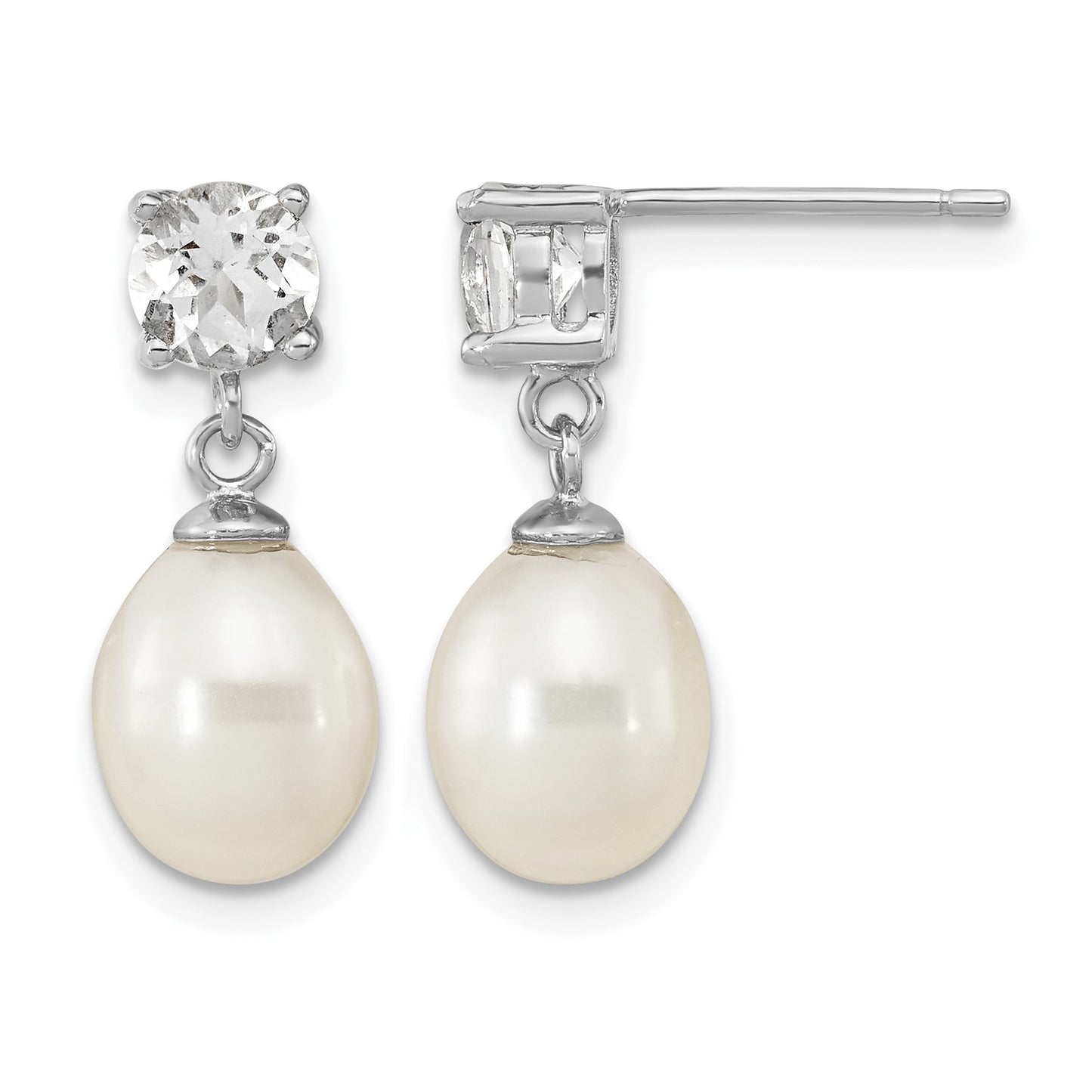 Sterling Silver Rhodium-plated 7-10mm White Teardrop Freshwater Cultured Pearl and 2.64WT White Topaz Post Dangle Earrings