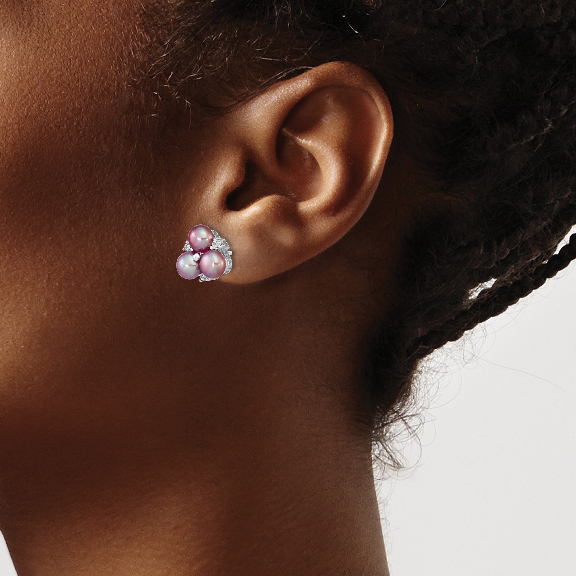 Sterling Silver Rhodium-plated 5-6mm Purple Button Freshwater Cultured Pearl Post Earrings