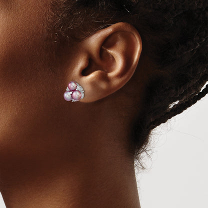 Sterling Silver Rhodium-plated 5-6mm Purple Button Freshwater Cultured Pearl Post Earrings