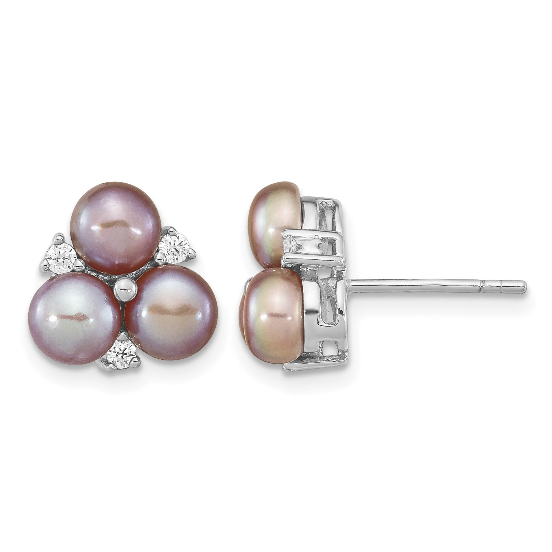 Sterling Silver Rhodium-plated 5-6mm Purple Button Freshwater Cultured Pearl Post Earrings