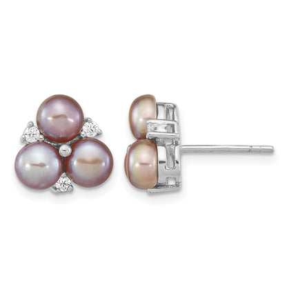 Sterling Silver Rhodium-plated 5-6mm Purple Button Freshwater Cultured Pearl Post Earrings