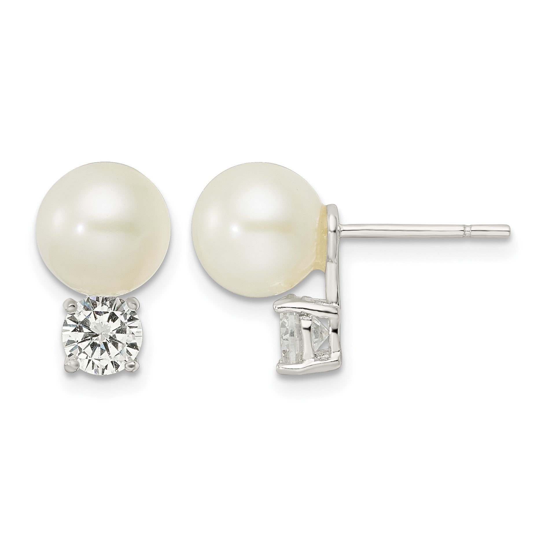 Sterling Silver CZ and 7-8mm Imitation Shell Pearl Post Earrings