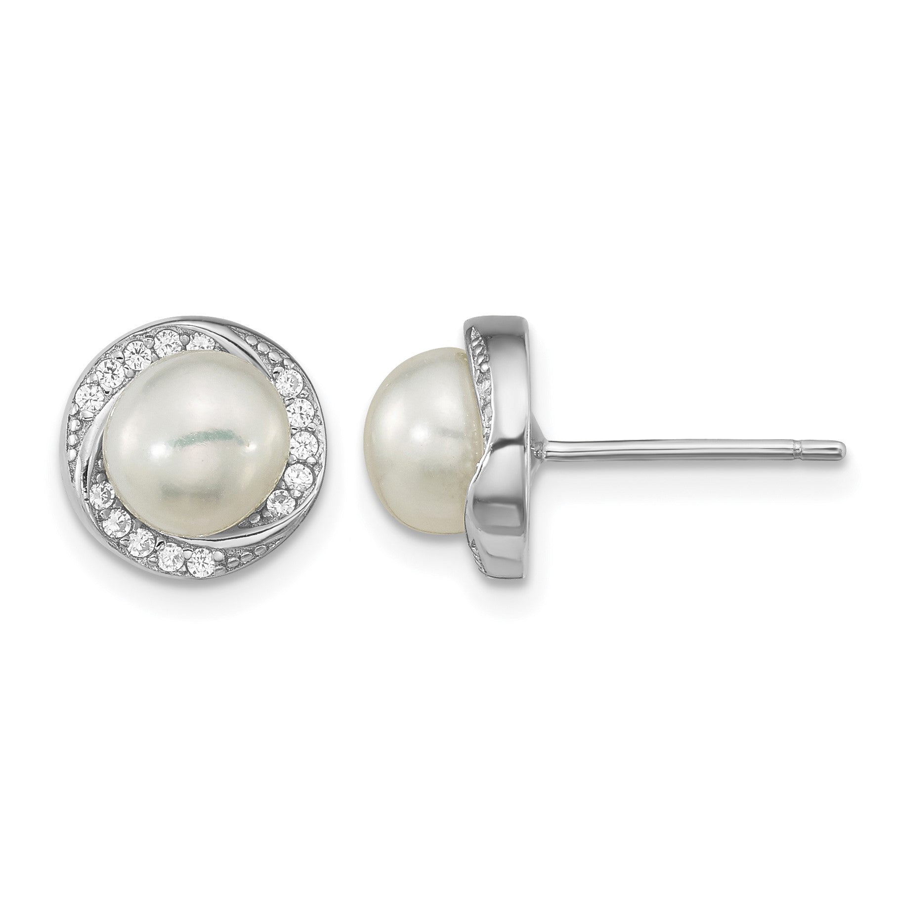 Sterling Silver Rhodium-plated 6-7mm White Button Freshwater Cultured Pearl and CZ Post Earrings