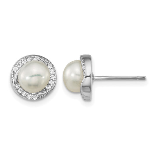 Sterling Silver Rhodium-plated 6-7mm White Button Freshwater Cultured Pearl and CZ Post Earrings