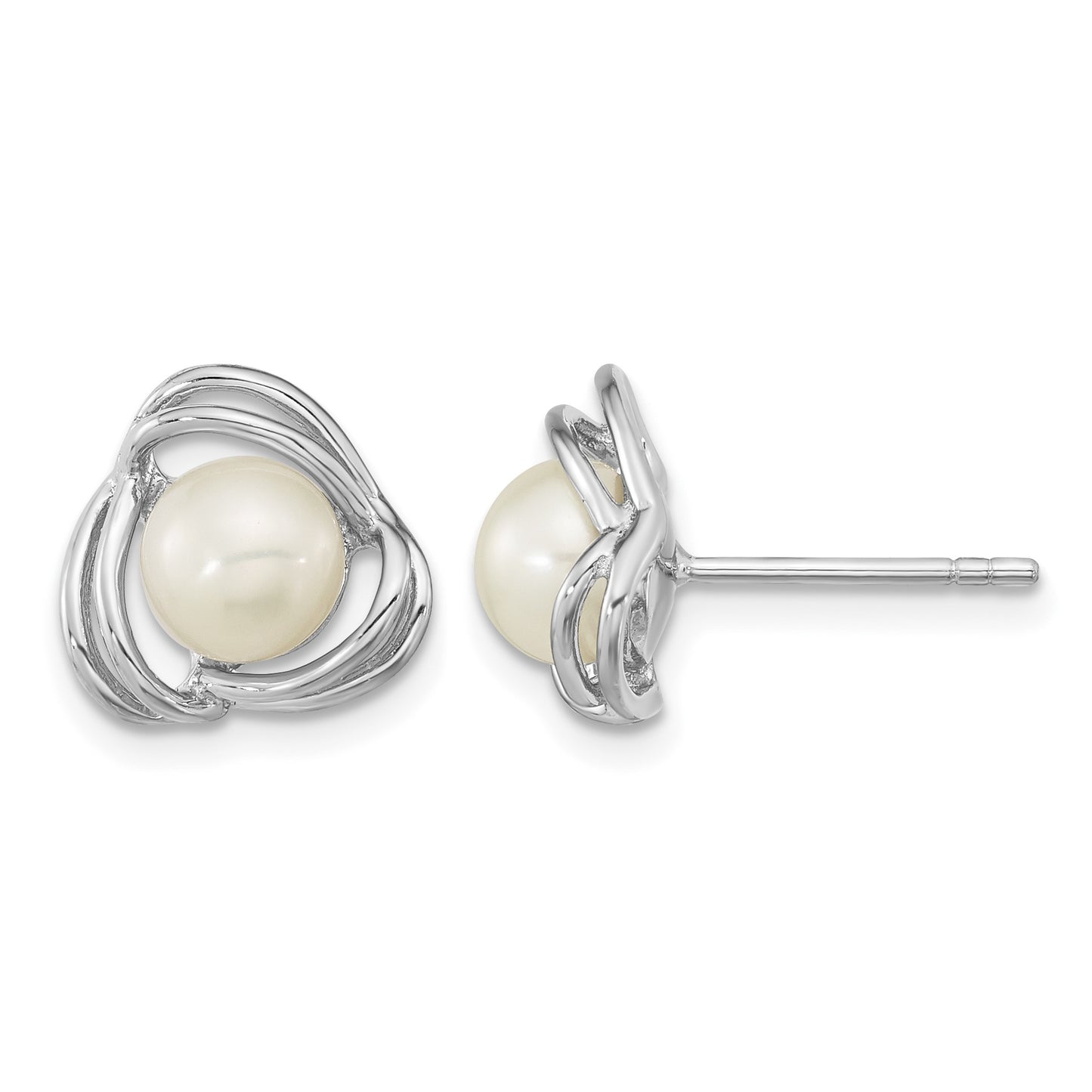 Sterling Silver Rhodium-plated 6-7mm White Button Freshwater Cultured Pearl Knot Post Earrings