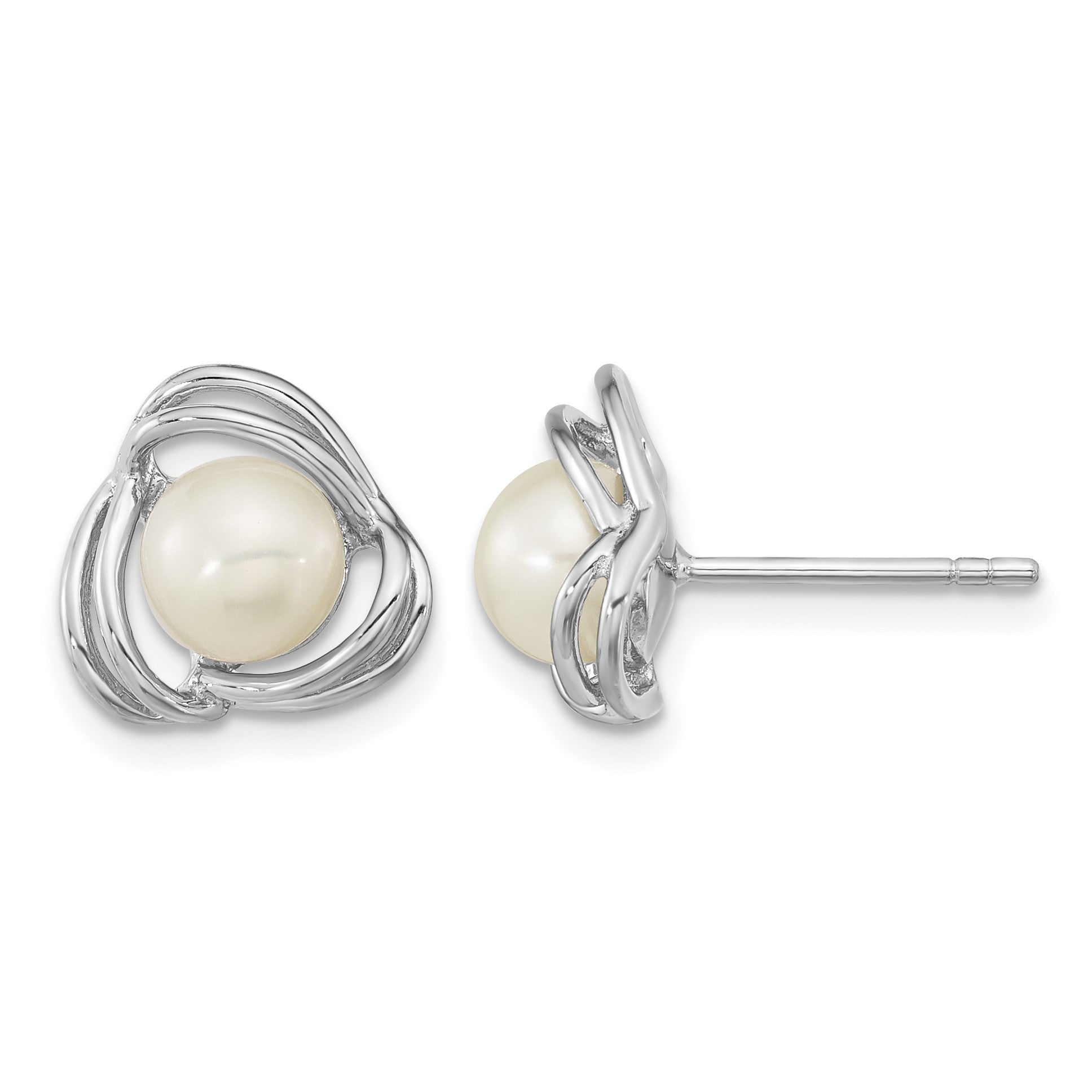 Sterling Silver Rhodium-plated 6-7mm White Button Freshwater Cultured Pearl Knot Post Earrings