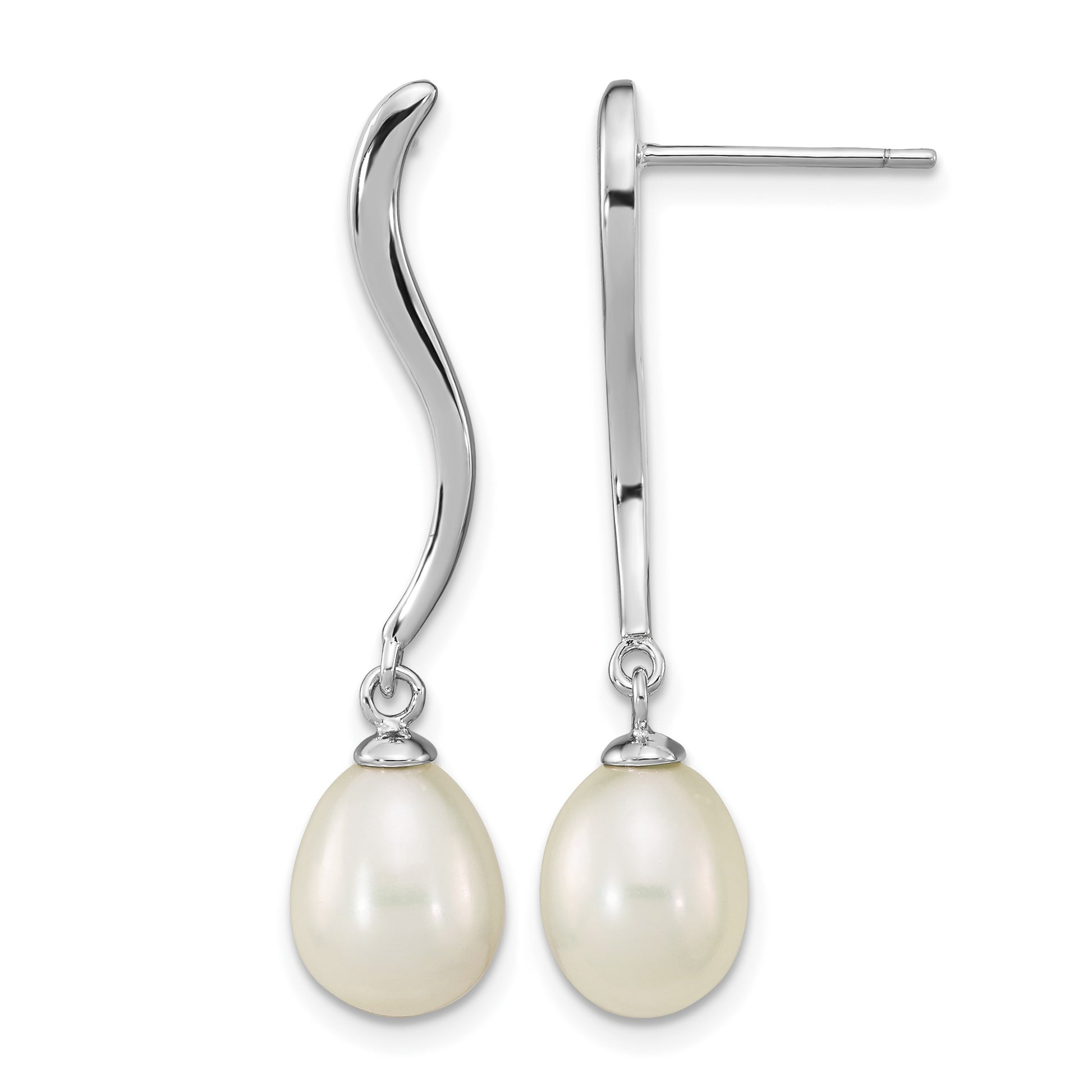Sterling Silver Rhodium-plated 7-9mm White Teardrop Freshwater Cultured Pearl Post Dangle Earrings