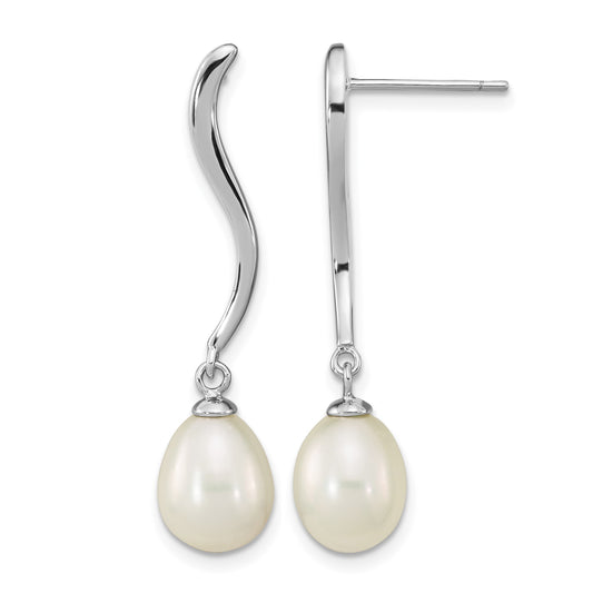 Sterling Silver Rhodium-plated 7-9mm White Teardrop Freshwater Cultured Pearl Post Dangle Earrings