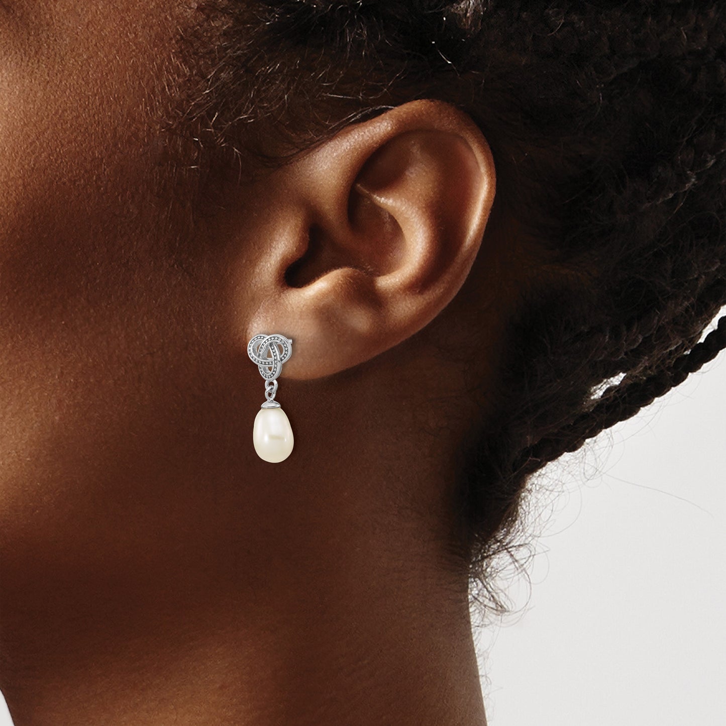 Sterling Silver Rhodium-plated 6-7mm White Rice Freshwater Cultured Pearl Knot Post Dangle Earrings