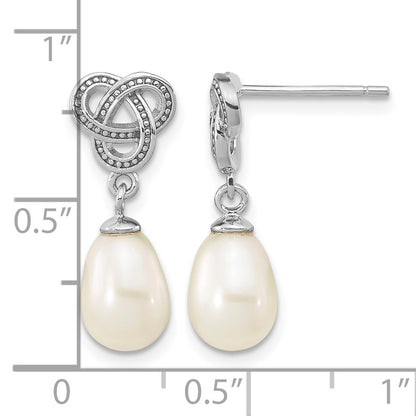 Sterling Silver Rhodium-plated 6-7mm White Rice Freshwater Cultured Pearl Knot Post Dangle Earrings
