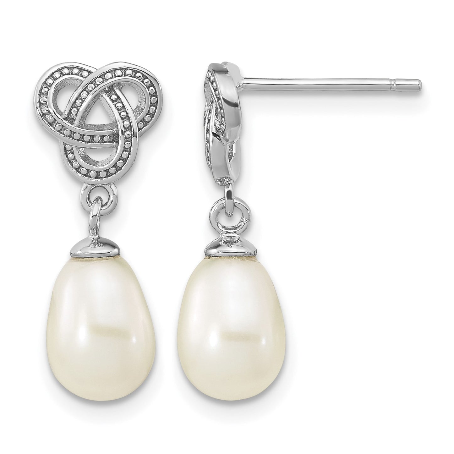 Sterling Silver Rhodium-plated 6-7mm White Rice Freshwater Cultured Pearl Knot Post Dangle Earrings