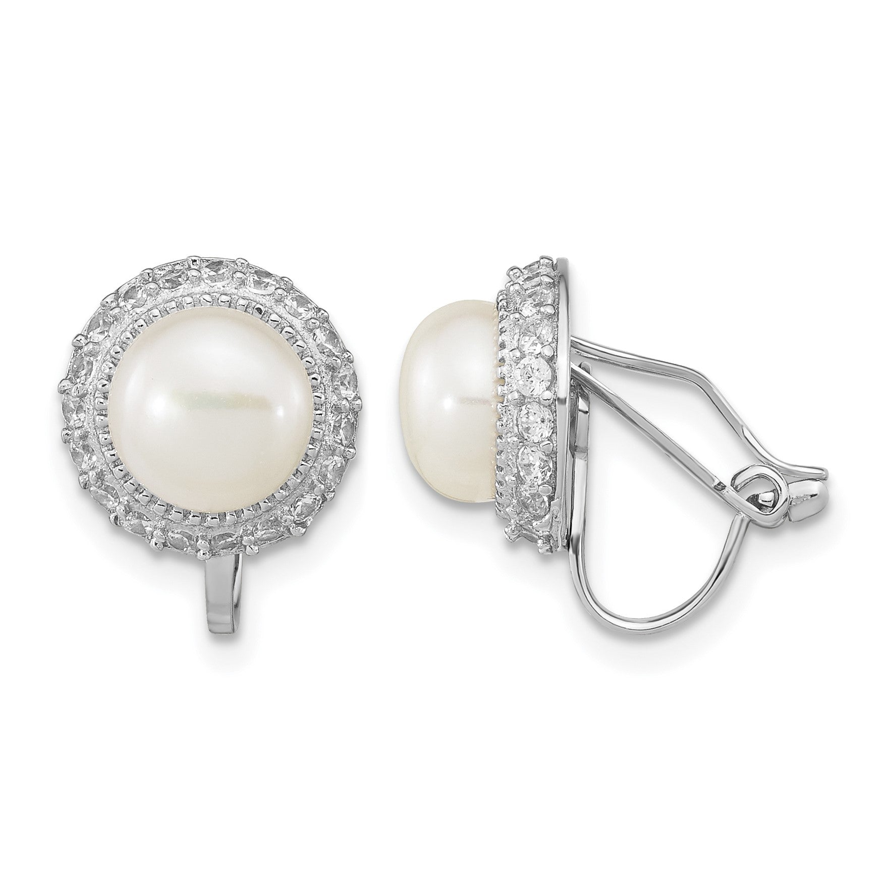 Sterling Silver Rhodium-plated 7-8mm White Button Freshwater Cultured Pearl Non-pierced Earrings