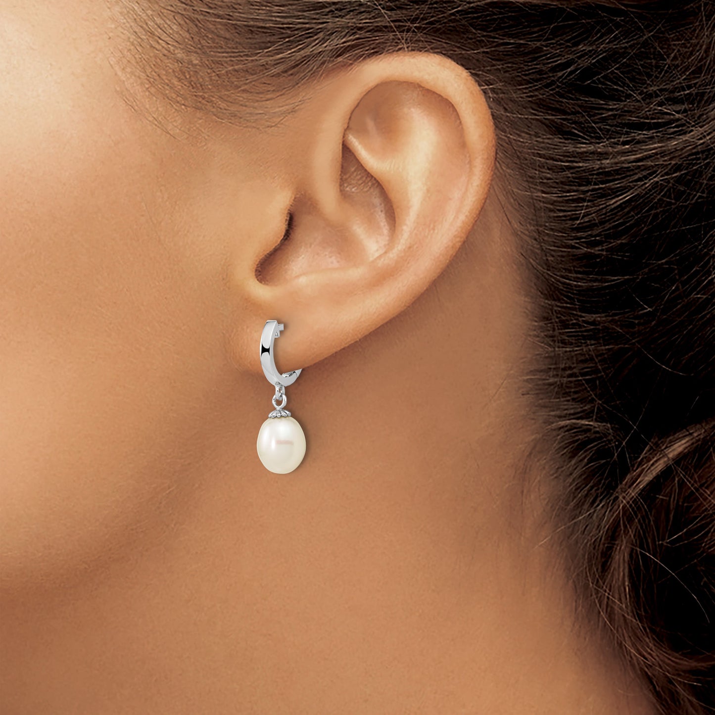 Sterling Silver Rhodium-plated 8-9mm White Teardrop Freshwater Cultured Pearl Dangle Hoop Earrings