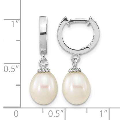 Sterling Silver Rhodium-plated 8-9mm White Teardrop Freshwater Cultured Pearl Dangle Hoop Earrings