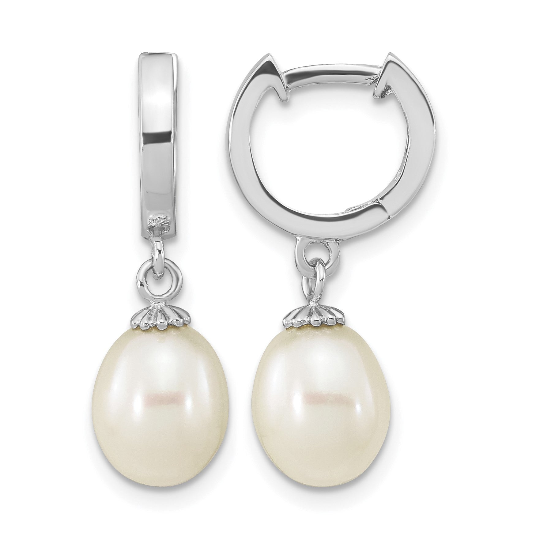 Sterling Silver Rhodium-plated 8-9mm White Teardrop Freshwater Cultured Pearl Dangle Hoop Earrings