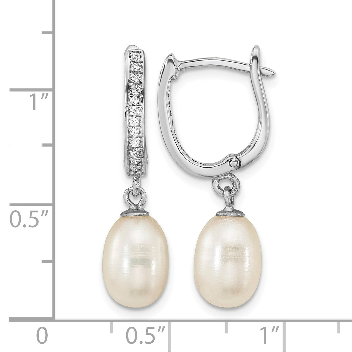 Sterling Silver Rhodium-plated 7-8mm White Rice Freshwater Cultured Pearl and CZ Hoop Dangle Earring