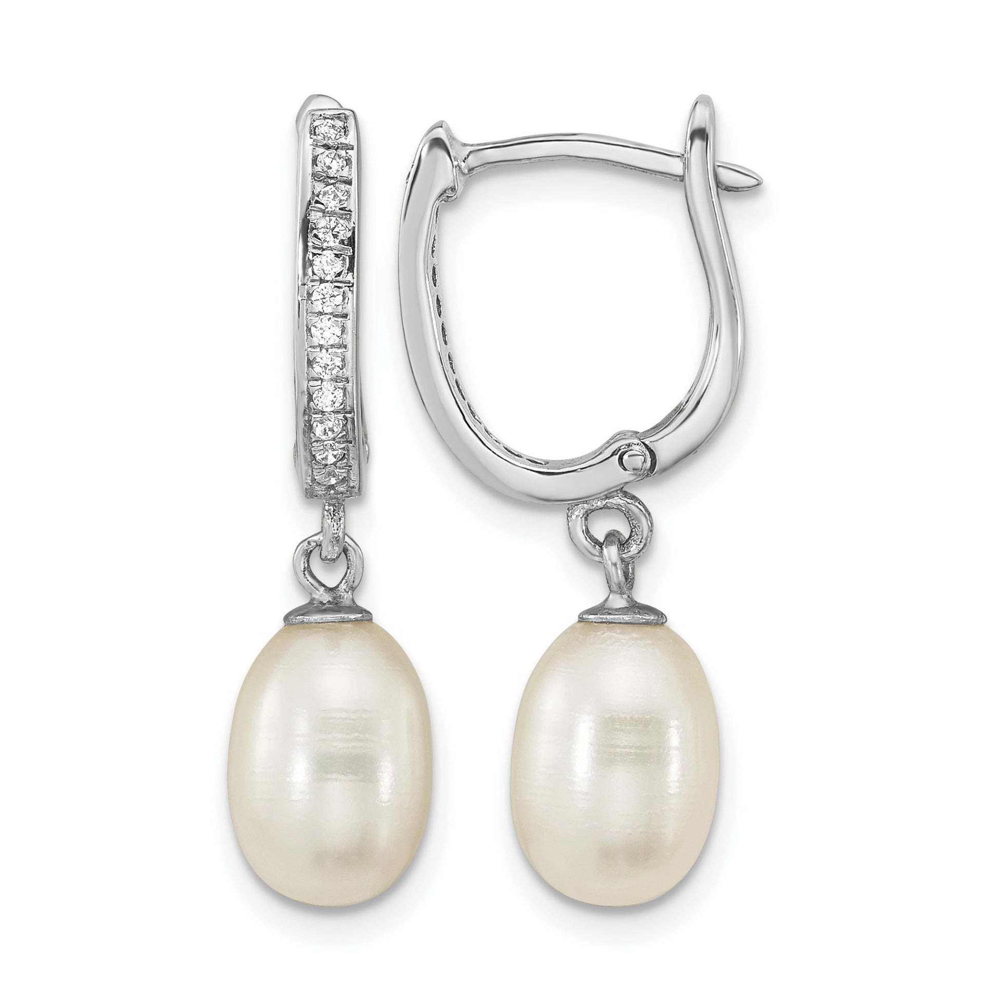Sterling Silver Rhodium-plated 7-8mm White Rice Freshwater Cultured Pearl and CZ Hoop Dangle Earring